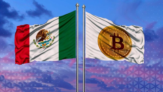 bandera mexicana y bandera de bitcoin