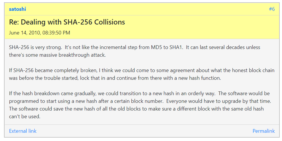 Conversaciones de Satoshi Nakamoto sobre colapso del SHA-256 en el foro BitcoinTalk en 2010. 