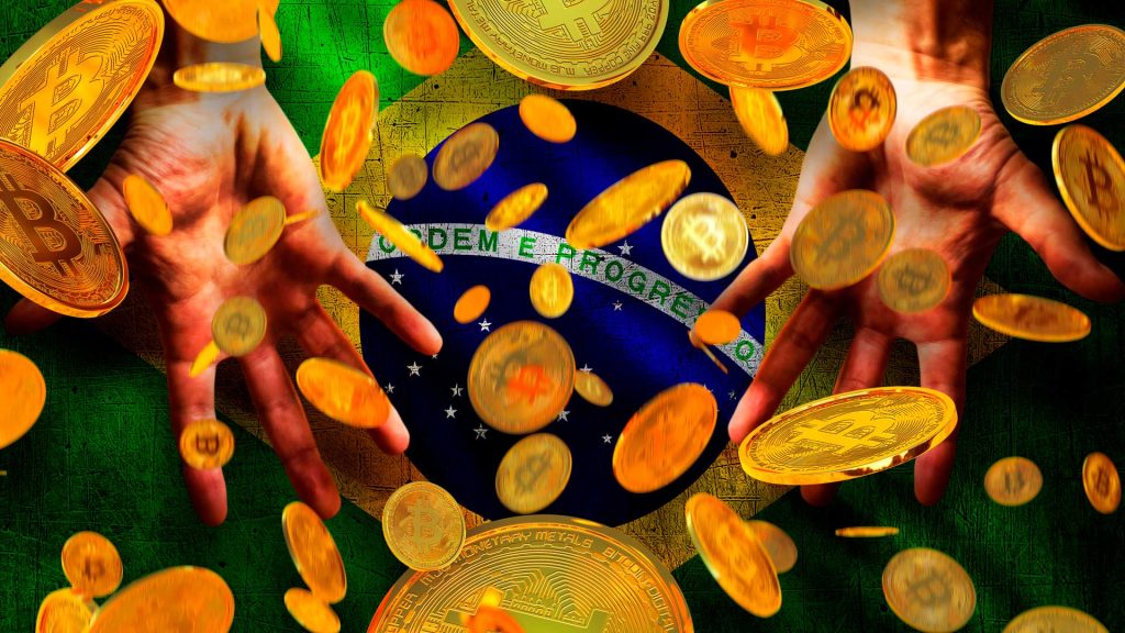 Monedas de bitcoin con fondo de bandera brasilera.