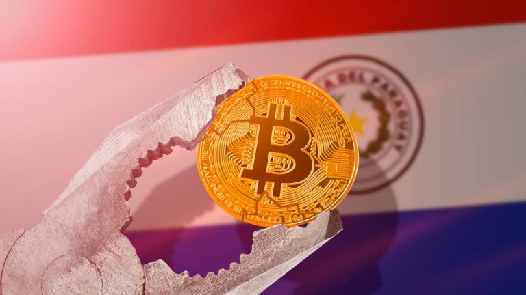 Moneda de Bitcoin con fondo de bandera paraguaya.
